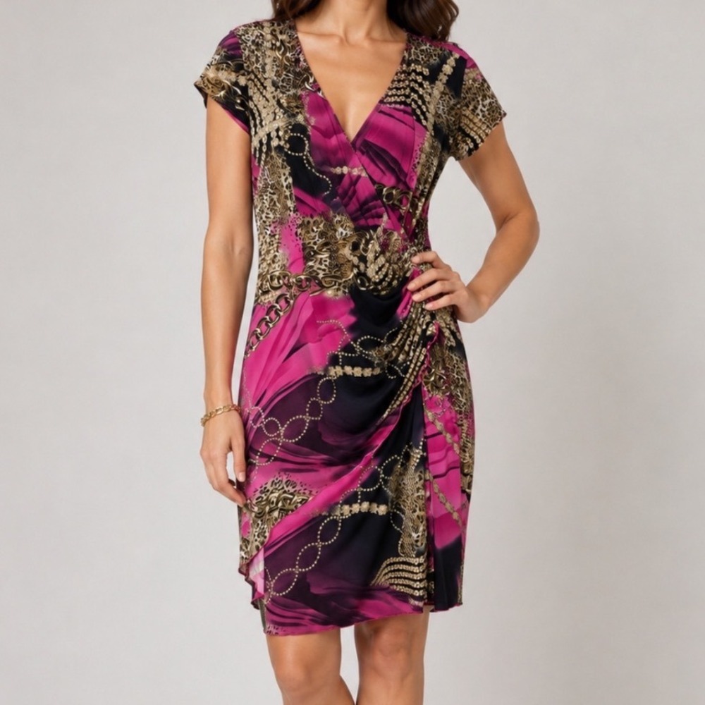 Joseph Ribkoff Women Dress Sz 20 Faux Wrap Pink Chain Leopard Print Short Sleeve